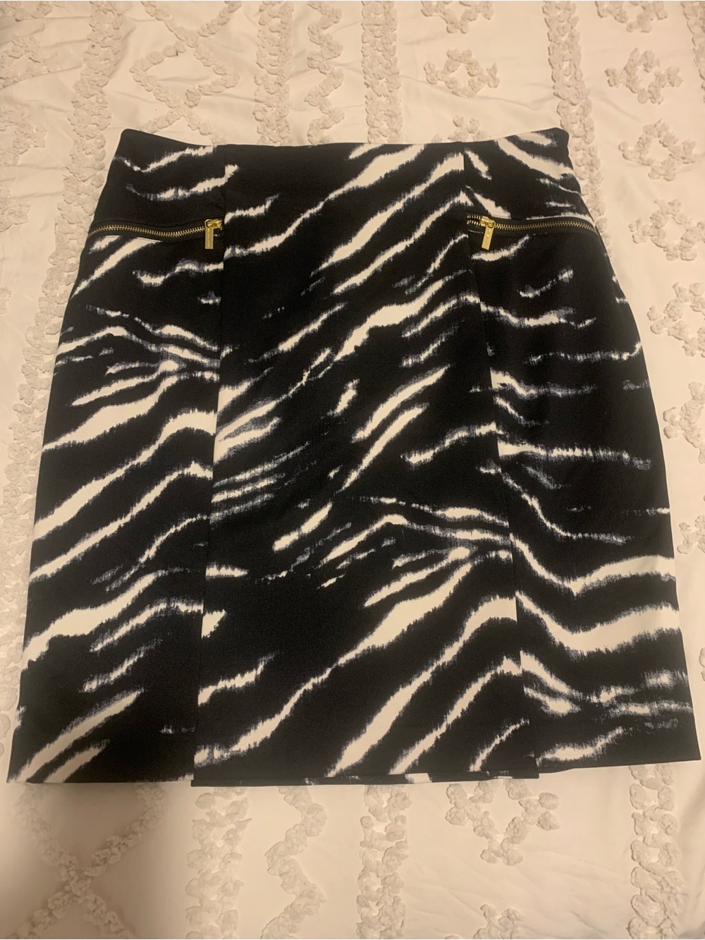 Michael Kors Black and White Zebra-Print Mini Skirt with Gold Zippers